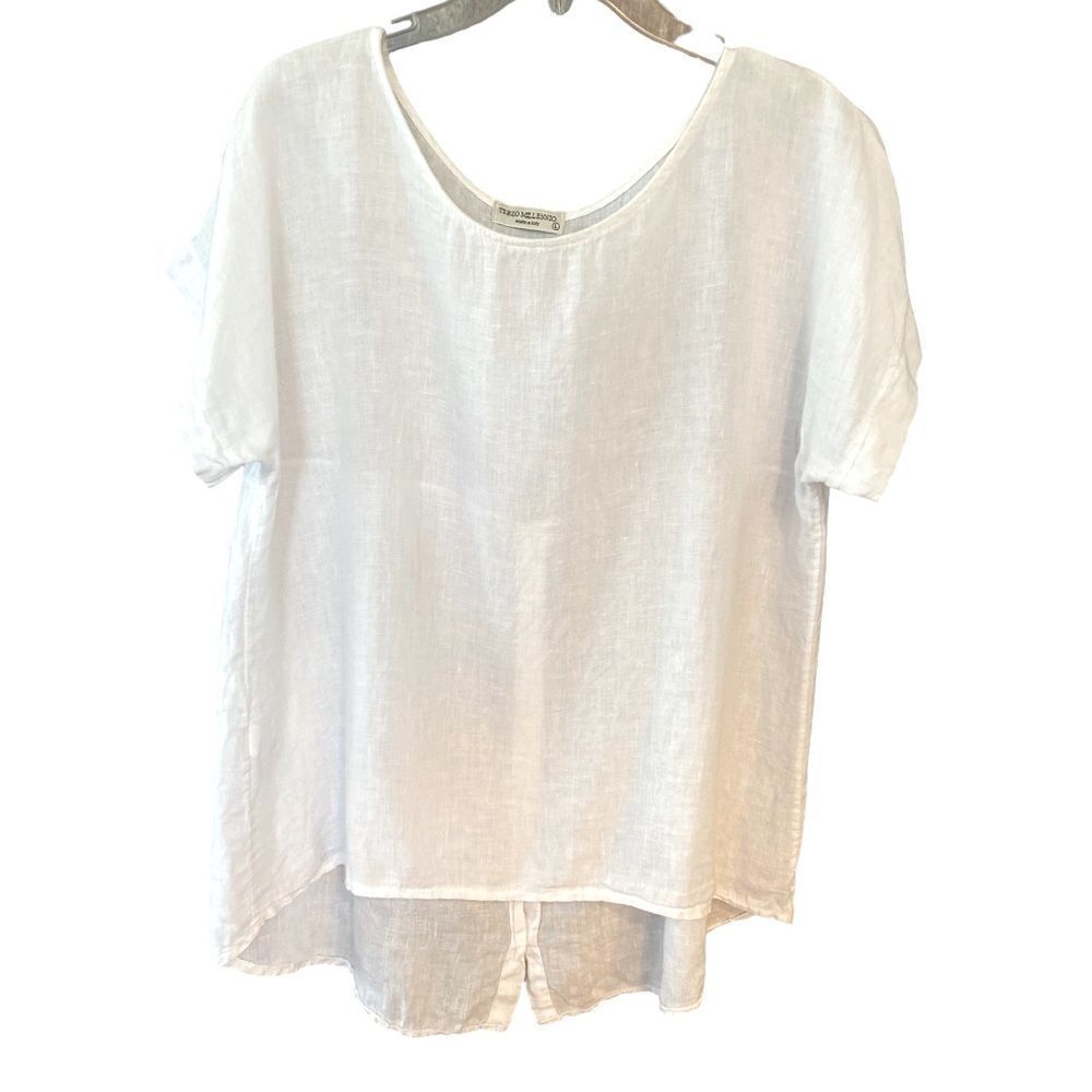 Terzo Millennio Sz M White Gauzy Linen Flowy Oversized Button Back Blouse